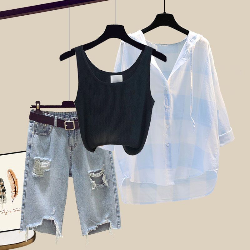 【單品可選】氣質百搭格紋連帽襯衫+簡約遮肉背心+高腰破洞牛仔褲套裝