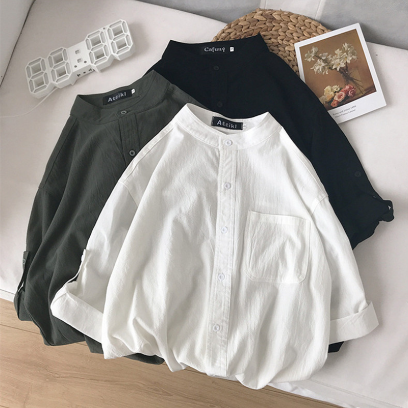 簡約 休閒 輕薄 文藝風 復古 單排扣 素面 立領 襯衫