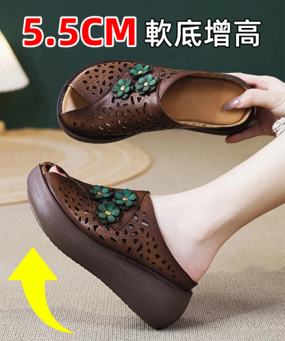優質軟皮民族風魚嘴厚底拖鞋