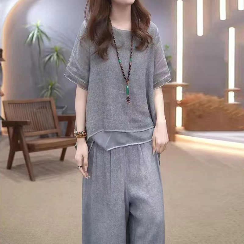 時尚棉麻不規則下擺套裝女