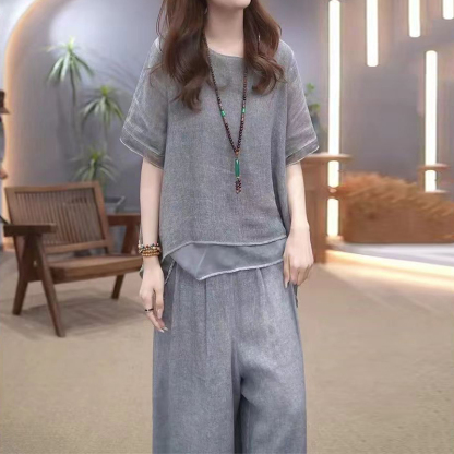 時尚棉麻不規則下擺套裝女