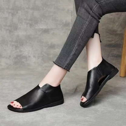 平跟露趾手工真皮涼鞋