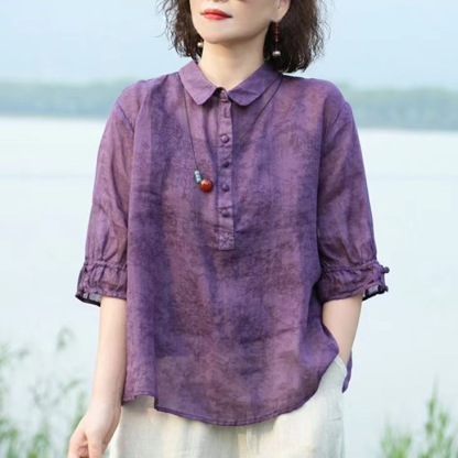 女士顯瘦遮肉提花棉麻襯衫