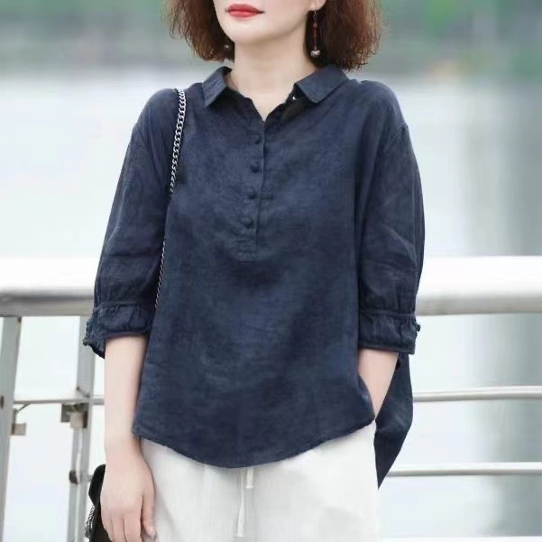 เสื้อเชิ้ตผู้หญิงพิมพ์ลาย ปดปิดไขมัน ใส่ดูผอม