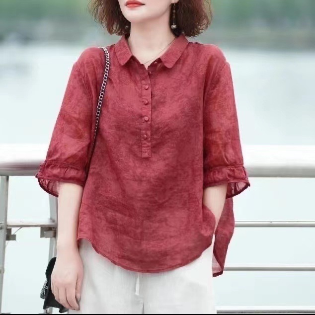 เสื้อเชิ้ตผู้หญิงพิมพ์ลาย ปดปิดไขมัน ใส่ดูผอม
