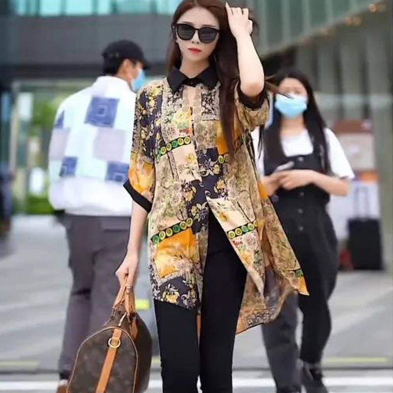เสื้อเชิ้ตแขนยาวกลางทรงหลวมสำหรับผู้หญิง