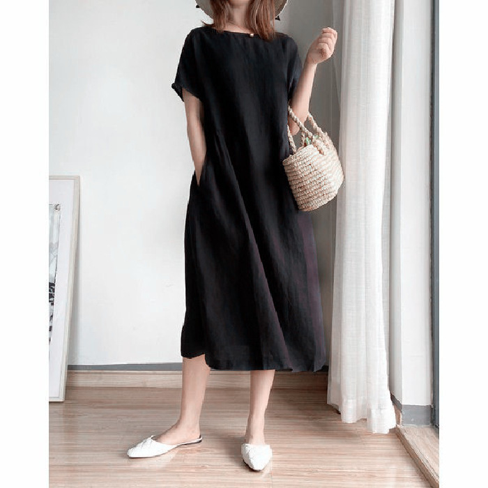 ชุดเดรสผ้าคอตตอนลินินสีพื้นทรงหลวม