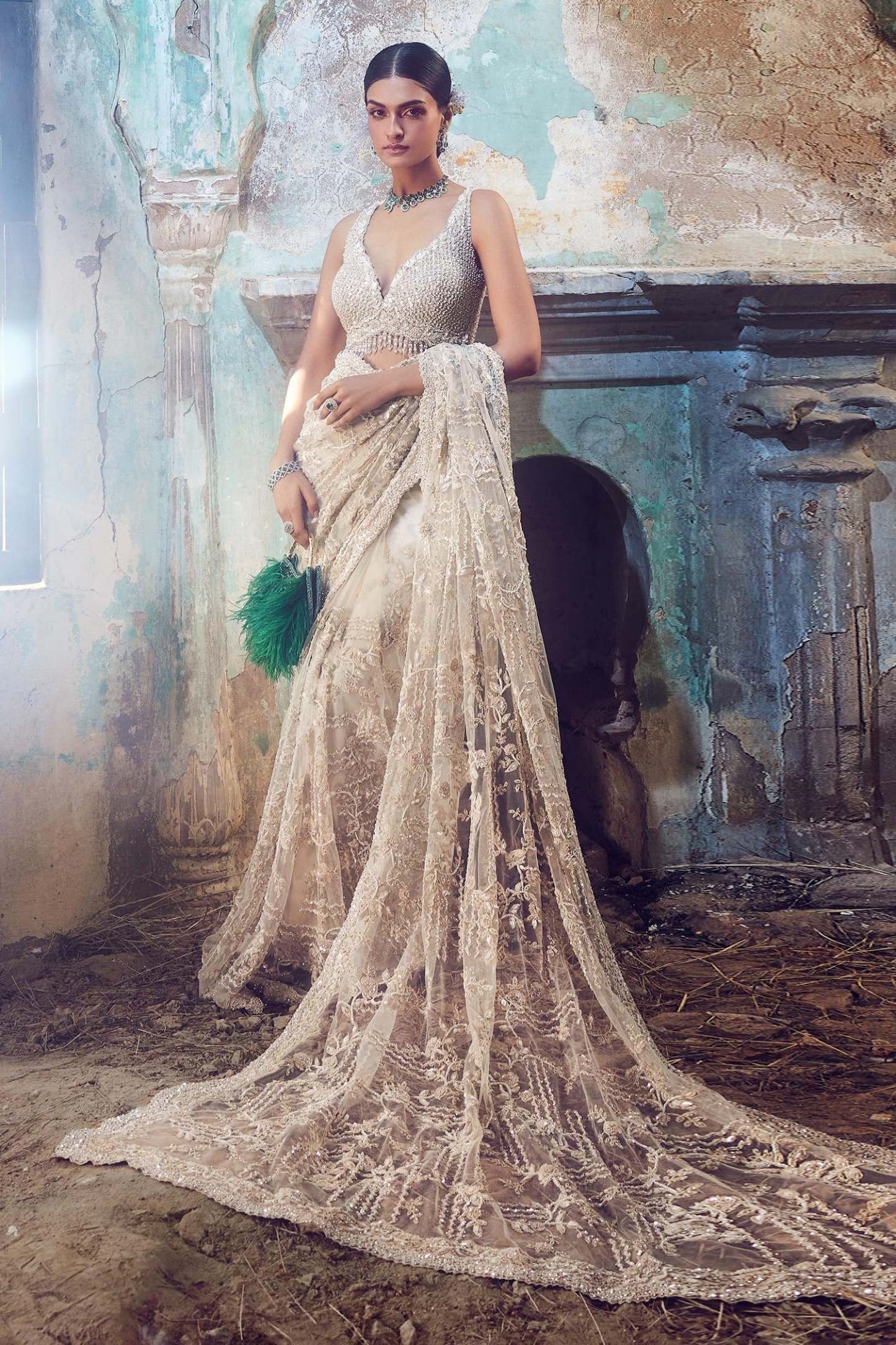 Cream Saree And Blouse Net Embroidered Bead Leaf Neck Abstract With