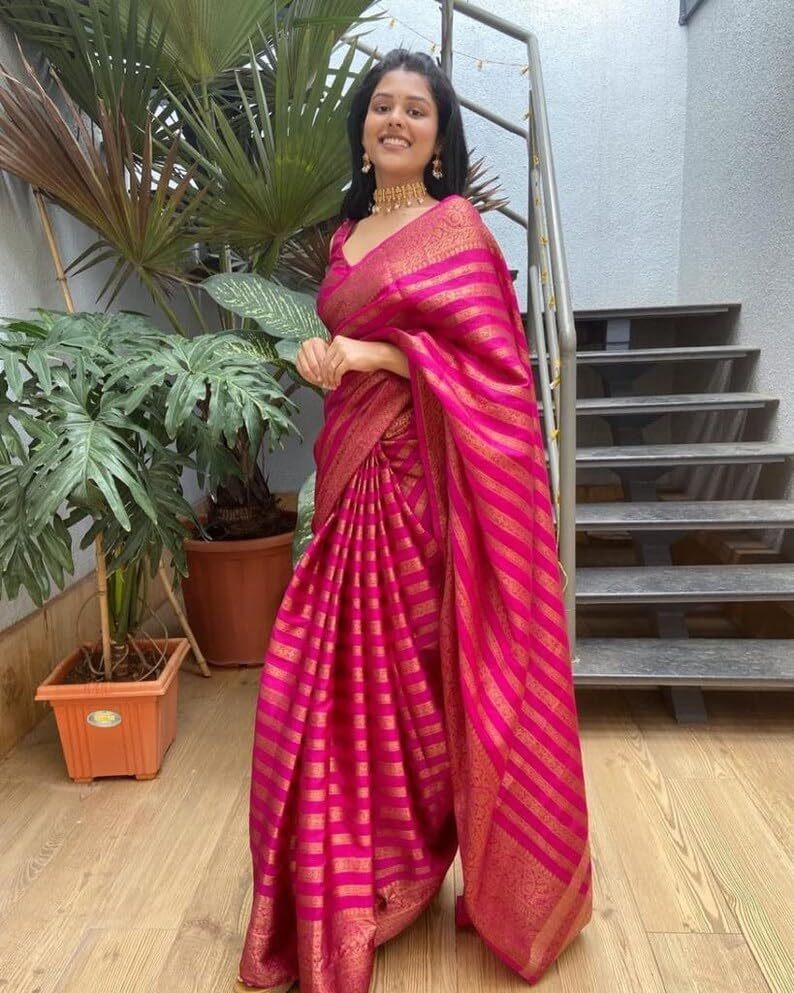 AWESOME RANI COLOUR WITH ZARI WEAVING SOFT SILK SAREE FOR WOMEN