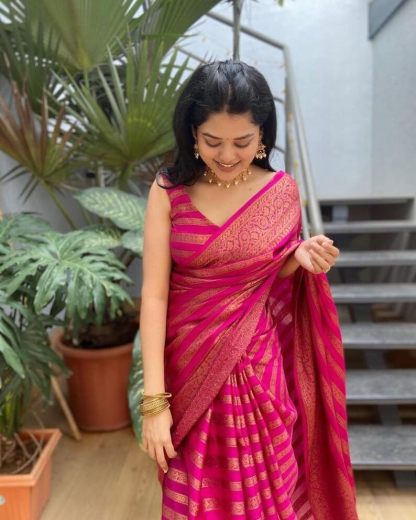 AWESOME RANI COLOUR WITH ZARI WEAVING SOFT SILK SAREE FOR WOMEN