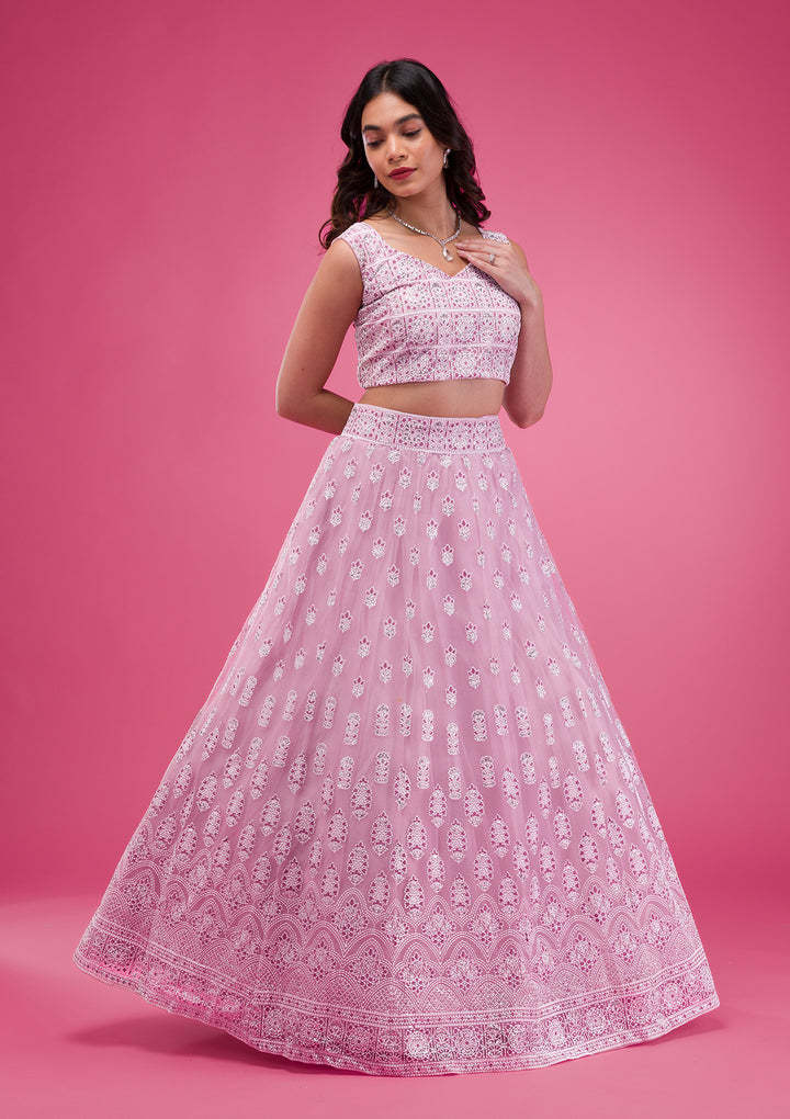 Pink Print Net Readymade Lehenga