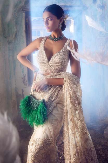 Cream Saree And Blouse Net Embroidered Bead Leaf Neck Abstract With