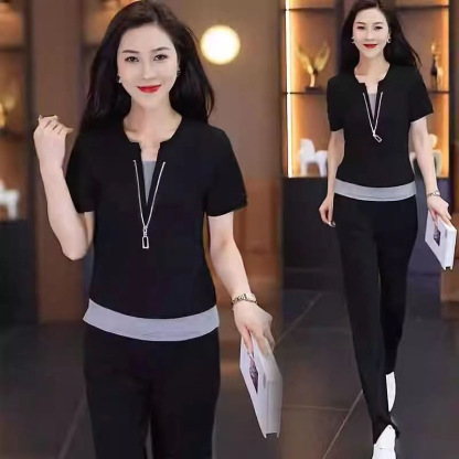 Age reducing short sleeved wide leg pants set