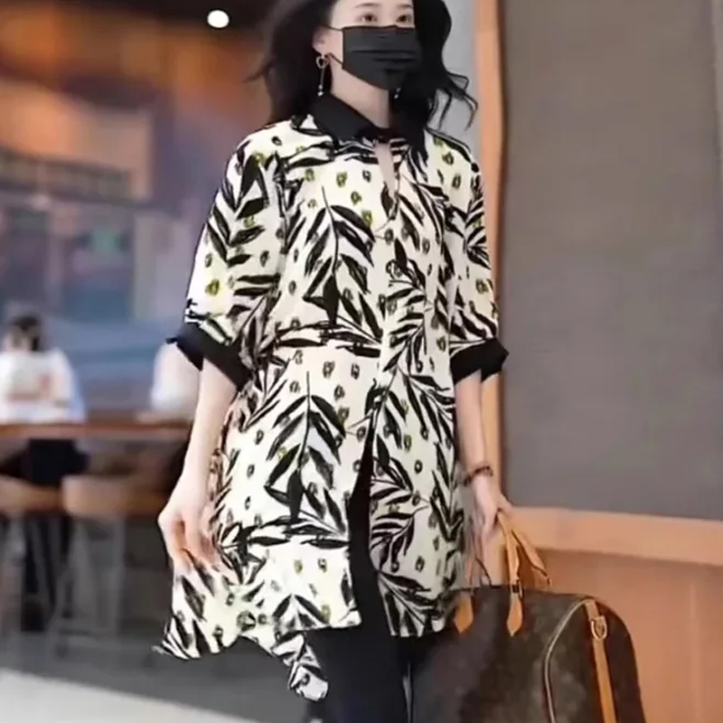 女性用ゆったり中袖イレギュラーシャツ