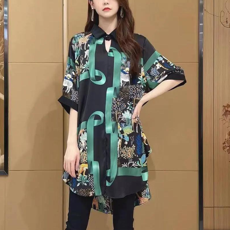 女性用ゆったり中袖イレギュラーシャツ