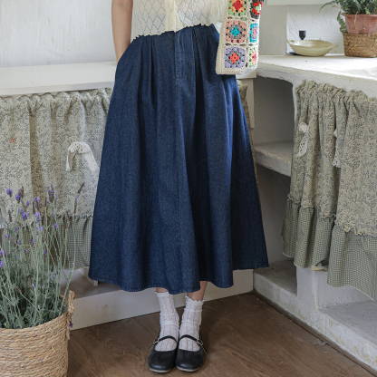 Real Shot 2023 Summer New Niche Design Button High Waist Slimming A- line Large Hem Denim Skirt