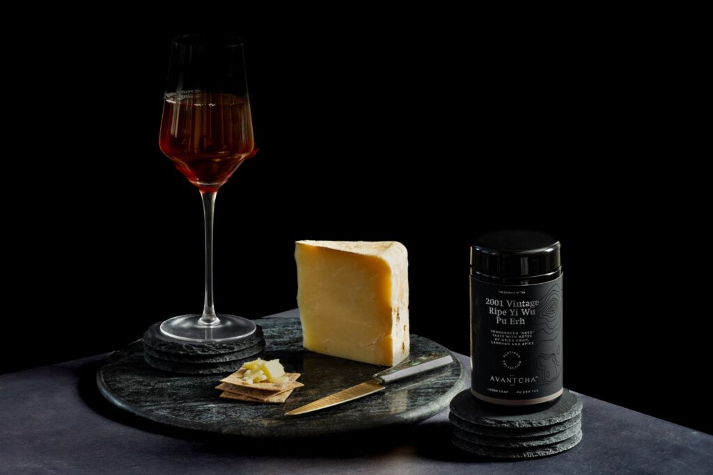2001 Vintage Ripe Yi Wu Pu Erh Cold Brew paired with Aged Cheddar Cheese
