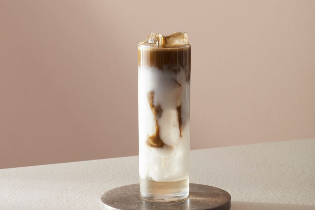 Coconut Vanilla Hojicha Iced Latte using AVANTCHA Organic Hojicha powder